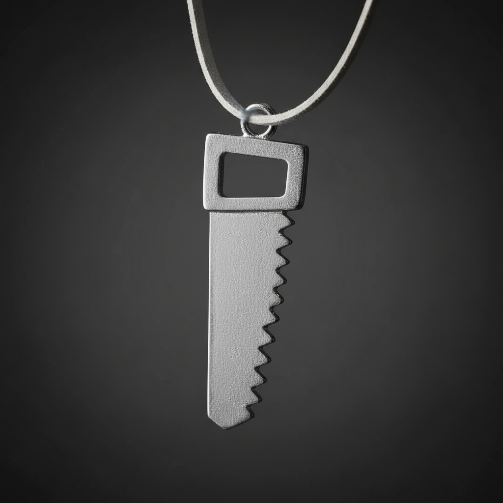 Saw Blade Necklace – White Cord | Silver Metal Pendant