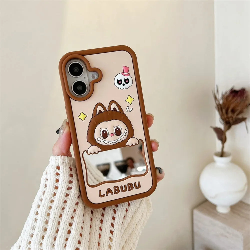 Kawaii Cartoon Laububu Phone Cases For iPhone 15 14 Plus 16 13 12 Pro Max 11 with Makeup Mirror Cute Soft Silicone Cover Y2k