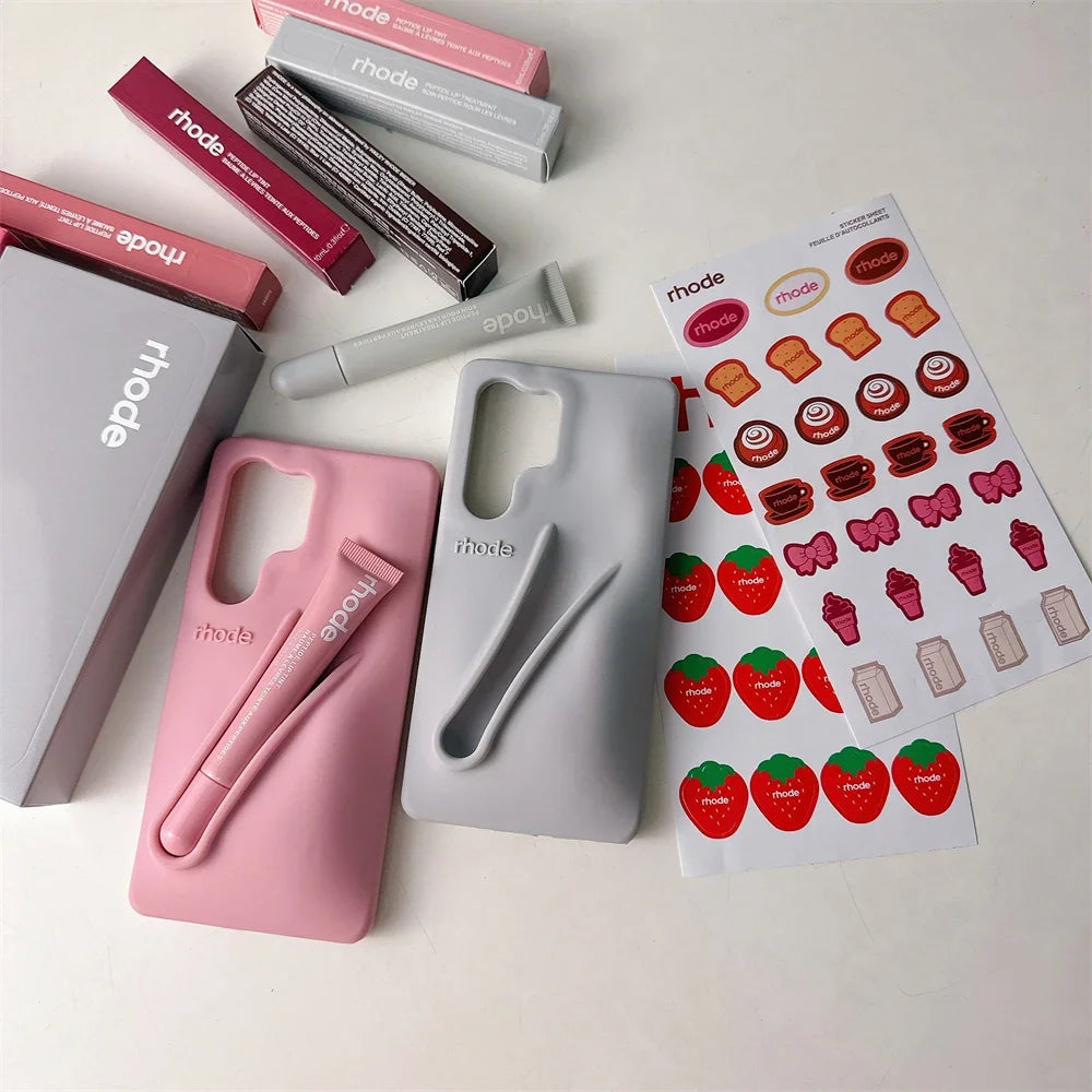 Rhode Phone Case with Lipstick for Samsung Galaxy S25 Ultra S24 S23 Plus Lip Gloss Holder Stickers Matte Liquid Silicone Cover