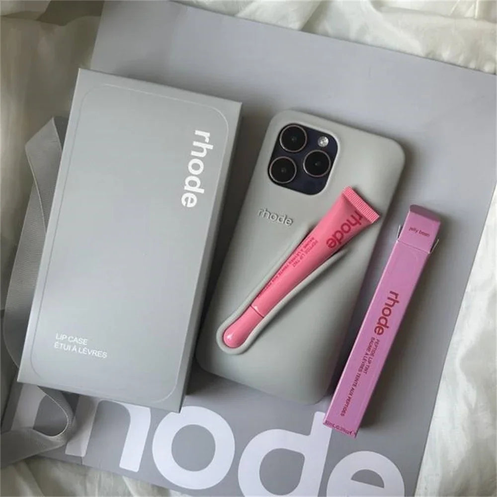 Rhode Lipstick Phone Case for iPhone 16 15 13 12 11 14 Pro Max Plus Soft Liquid Silicone Cover with Lipstick Set Shopping Box