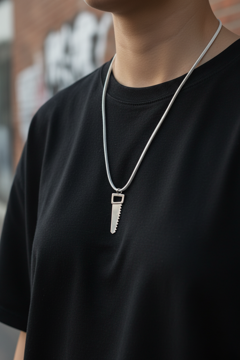 Saw Blade Necklace – White Cord | Silver Metal Pendant