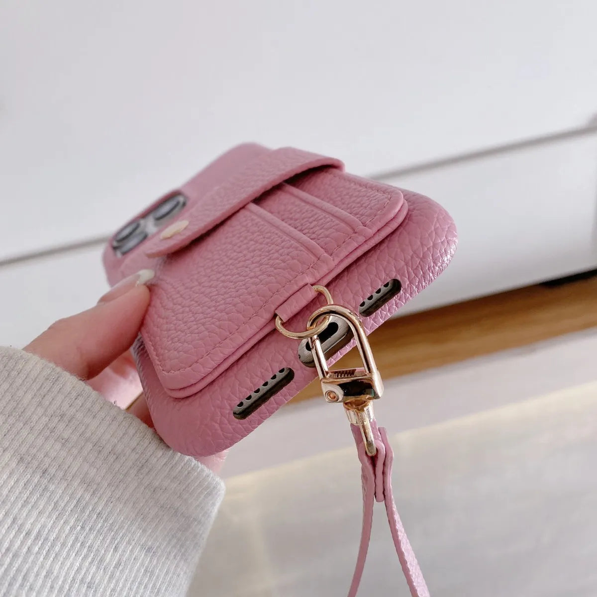 Pink Litchi Strap Case – Luxury Edition