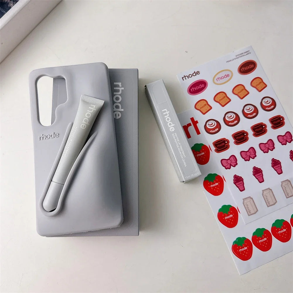 Rhode Phone Case with Lipstick for Samsung Galaxy S25 Ultra S24 S23 Plus Lip Gloss Holder Stickers Matte Liquid Silicone Cover