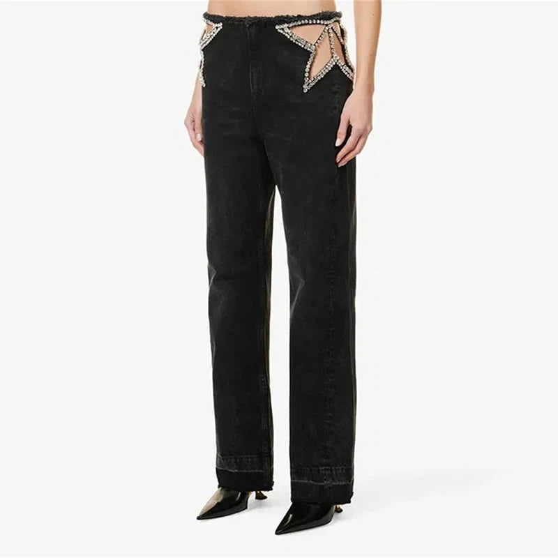 Wide Leg Jeans με Strass Cut-Out