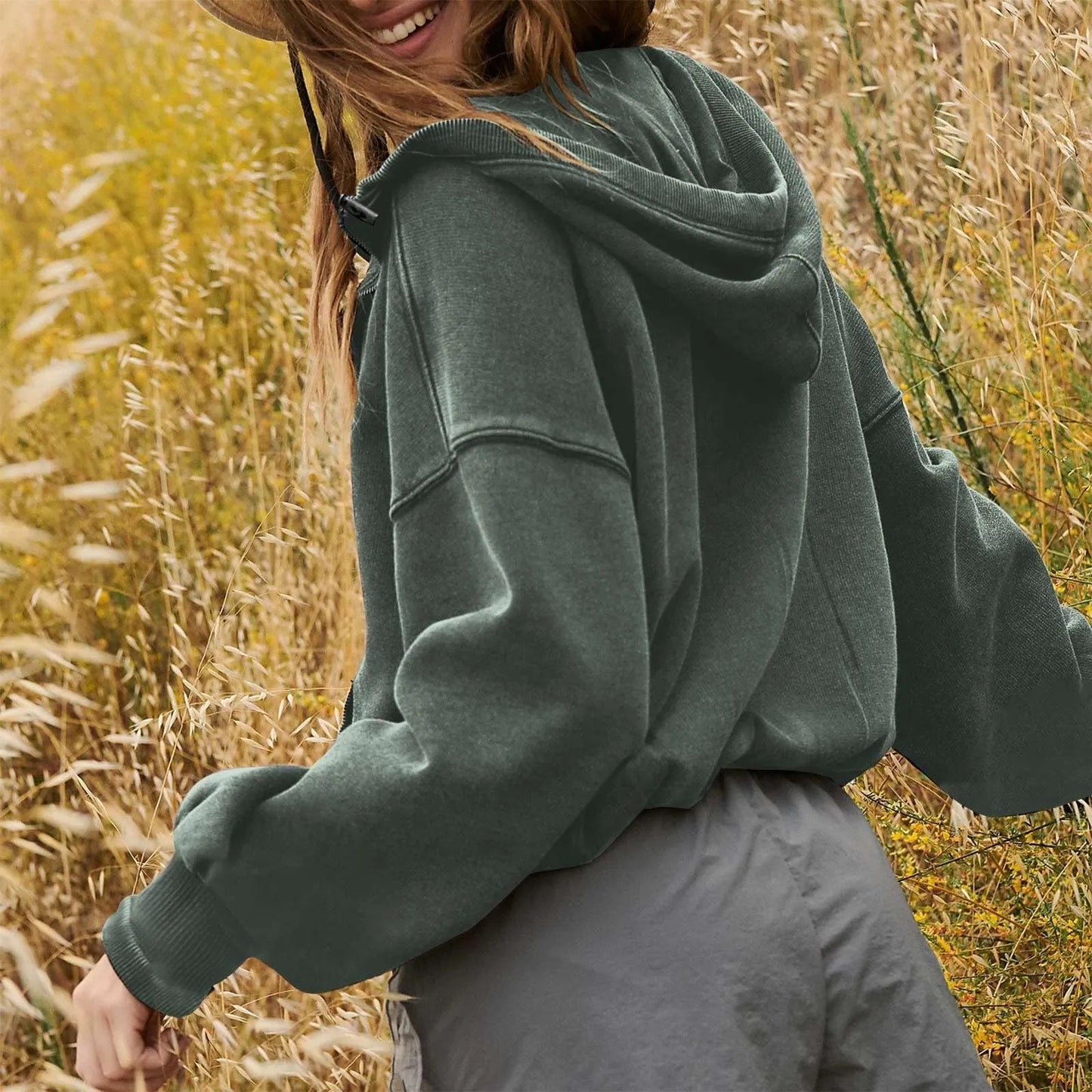 Crop Sweatshirt V Neck Zip Up