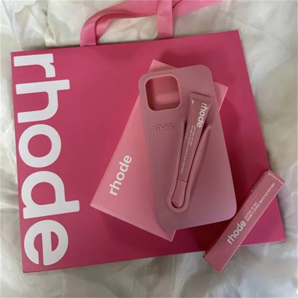 Rhode Lipstick Phone Case for iPhone 16 15 13 12 11 14 Pro Max Plus Soft Liquid Silicone Cover with Lipstick Set Shopping Box