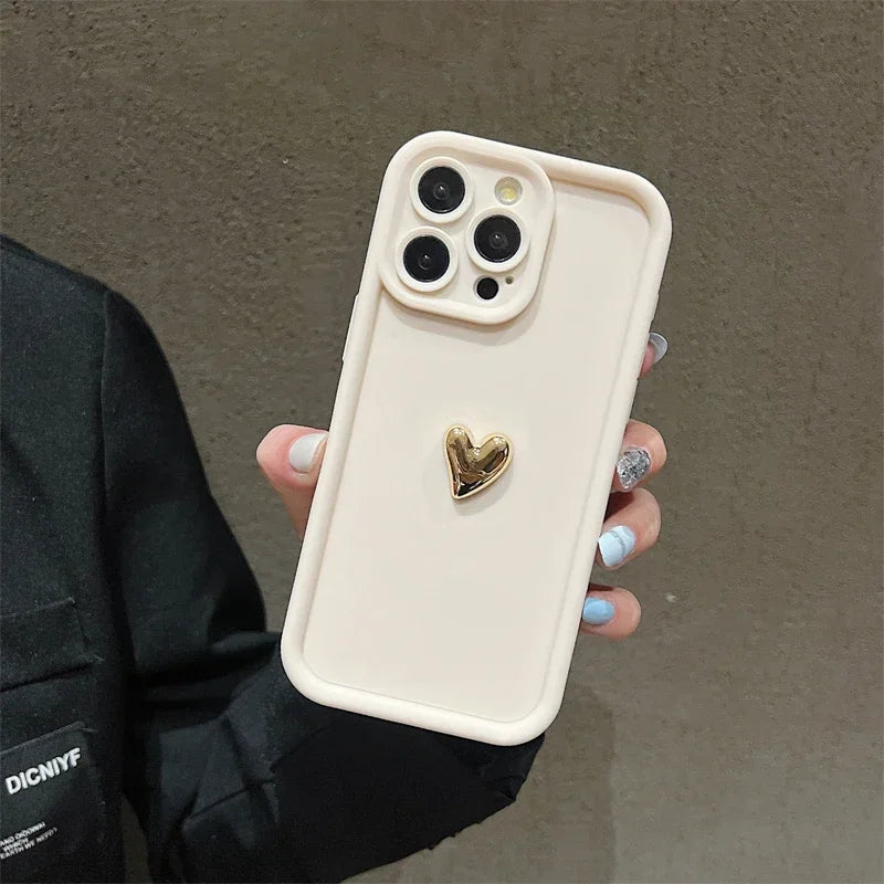 3D Gold Heart Silicone Case – Ματ Θήκη Κινητού με Χρυσή Καρδιά (iPhone 7–15 Pro Max)