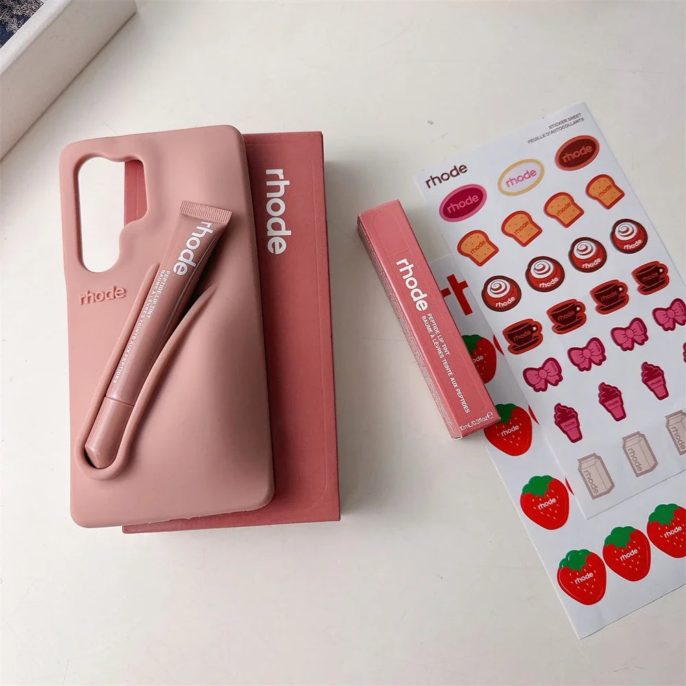 Rhode Phone Case with Lipstick for Samsung Galaxy S25 Ultra S24 S23 Plus Lip Gloss Holder Stickers Matte Liquid Silicone Cover