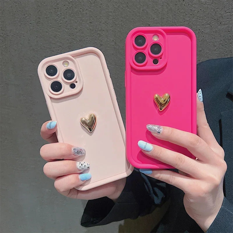 3D Gold Heart Silicone Case – Ματ Θήκη Κινητού με Χρυσή Καρδιά (iPhone 7–15 Pro Max)