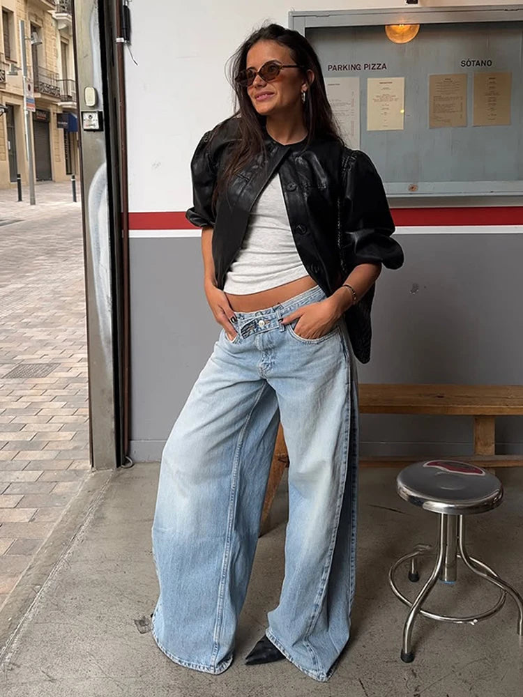 Wide Leg Jeans με Strass Cut-Out
