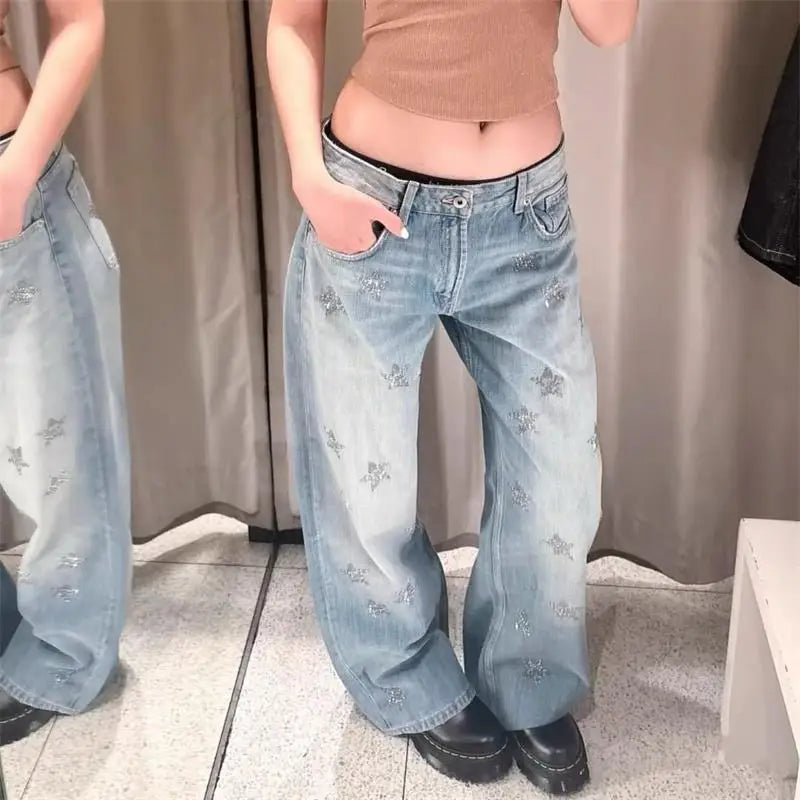 Wide Leg Jeans με Strass Cut-Out
