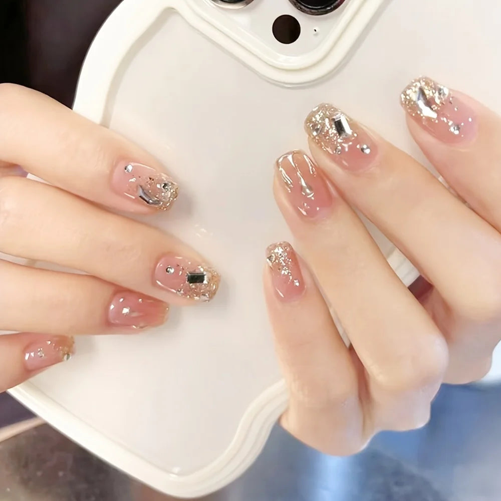 Press-On Acrylic Nails with Shiny Rhinestones