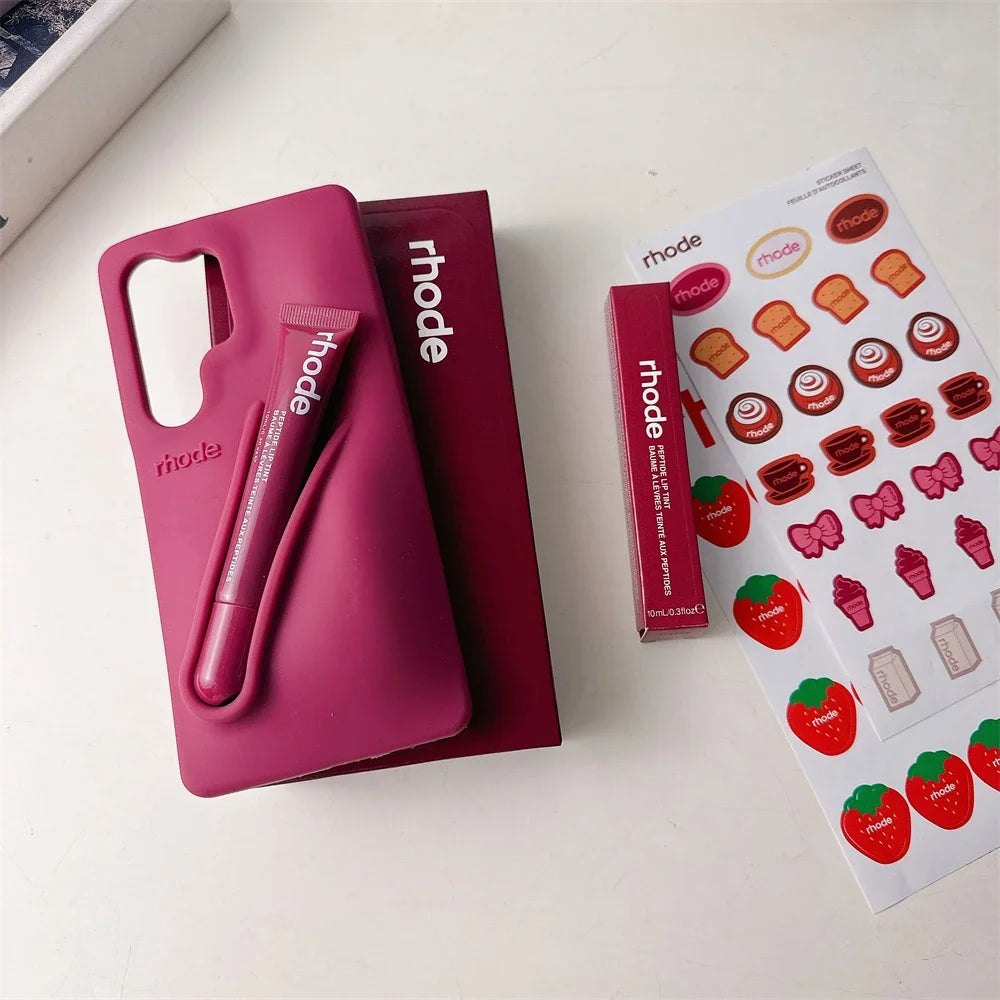Rhode Phone Case with Lipstick for Samsung Galaxy S25 Ultra S24 S23 Plus Lip Gloss Holder Stickers Matte Liquid Silicone Cover