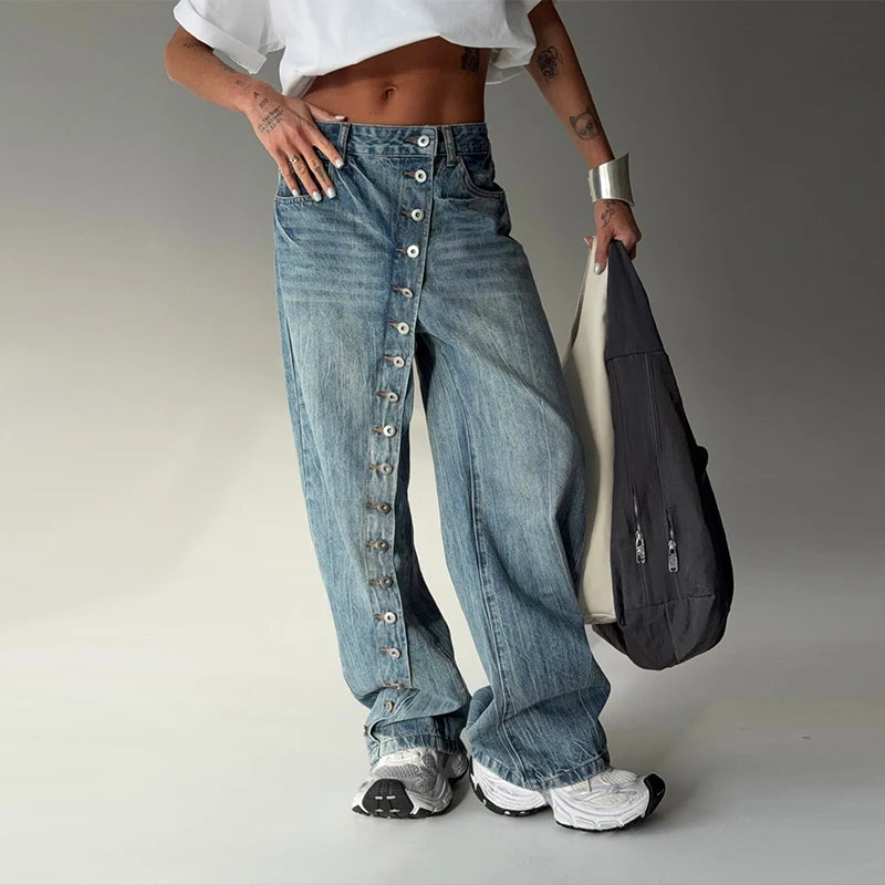 Wide Leg Jeans με Strass Cut-Out