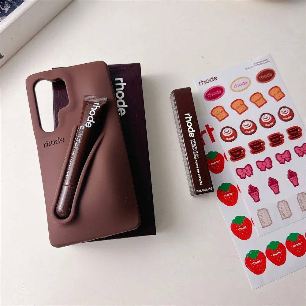 Rhode Phone Case with Lipstick for Samsung Galaxy S25 Ultra S24 S23 Plus Lip Gloss Holder Stickers Matte Liquid Silicone Cover
