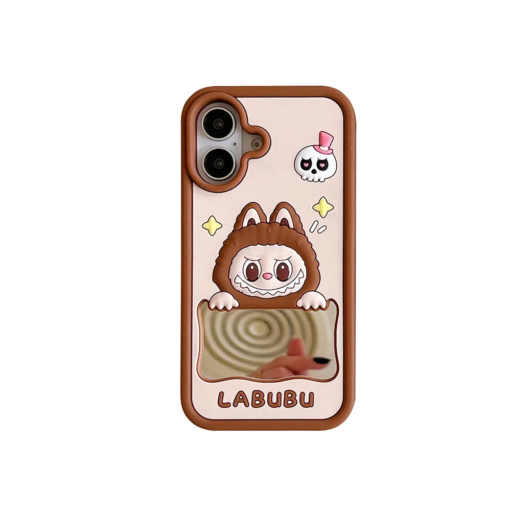 Kawaii Cartoon Laububu Phone Cases For iPhone 15 14 Plus 16 13 12 Pro Max 11 with Makeup Mirror Cute Soft Silicone Cover Y2k