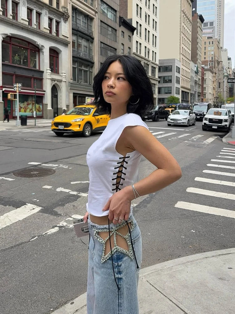 Wide Leg Jeans με Strass Cut-Out