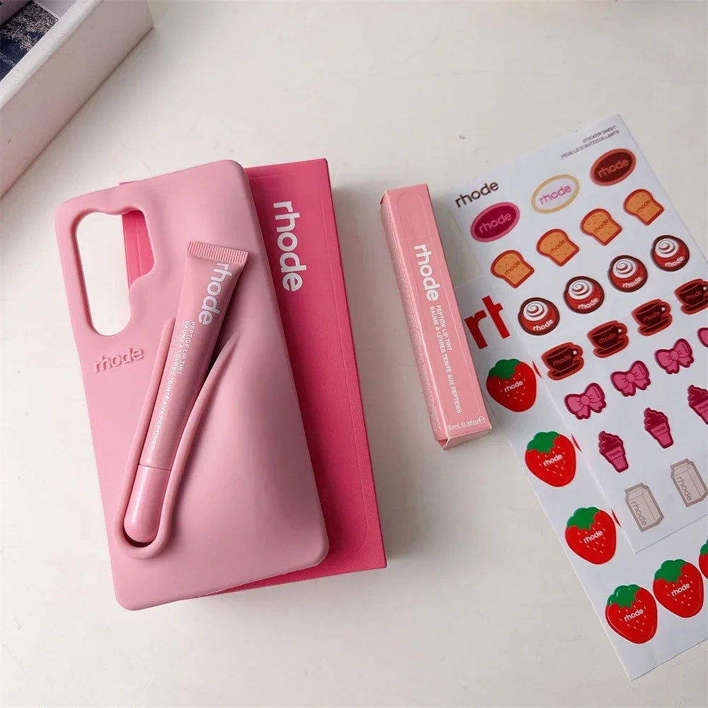 Rhode Phone Case with Lipstick for Samsung Galaxy S25 Ultra S24 S23 Plus Lip Gloss Holder Stickers Matte Liquid Silicone Cover