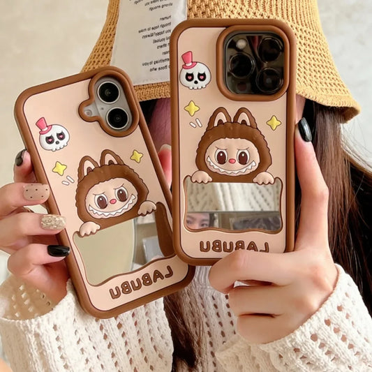 Kawaii Cartoon Laububu Phone Cases For iPhone 15 14 Plus 16 13 12 Pro Max 11 with Makeup Mirror Cute Soft Silicone Cover Y2k