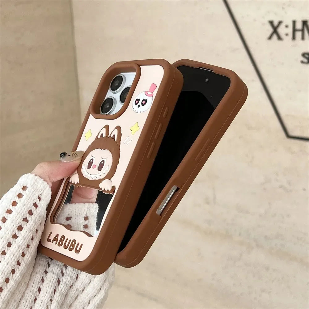 Kawaii Cartoon Laububu Phone Cases For iPhone 15 14 Plus 16 13 12 Pro Max 11 with Makeup Mirror Cute Soft Silicone Cover Y2k