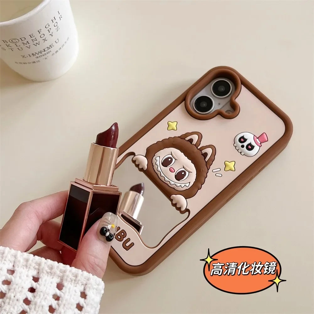 Kawaii Cartoon Laububu Phone Cases For iPhone 15 14 Plus 16 13 12 Pro Max 11 with Makeup Mirror Cute Soft Silicone Cover Y2k