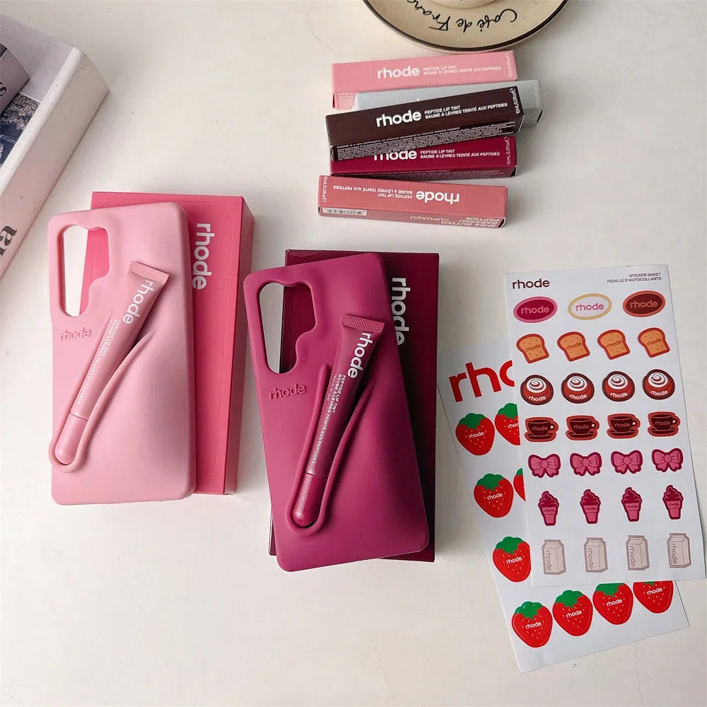 Rhode Phone Case with Lipstick for Samsung Galaxy S25 Ultra S24 S23 Plus Lip Gloss Holder Stickers Matte Liquid Silicone Cover