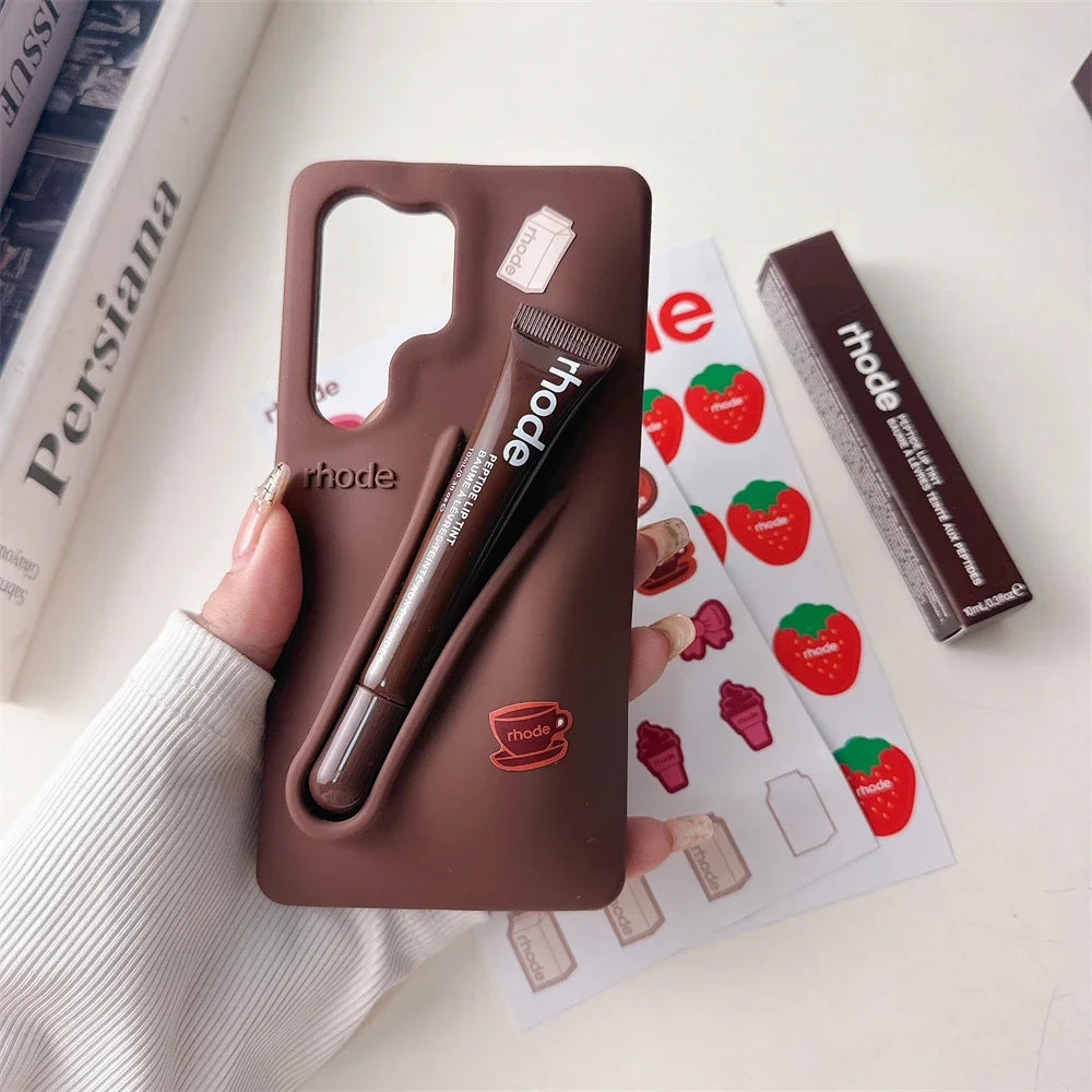 Rhode Phone Case with Lipstick for Samsung Galaxy S25 Ultra S24 S23 Plus Lip Gloss Holder Stickers Matte Liquid Silicone Cover