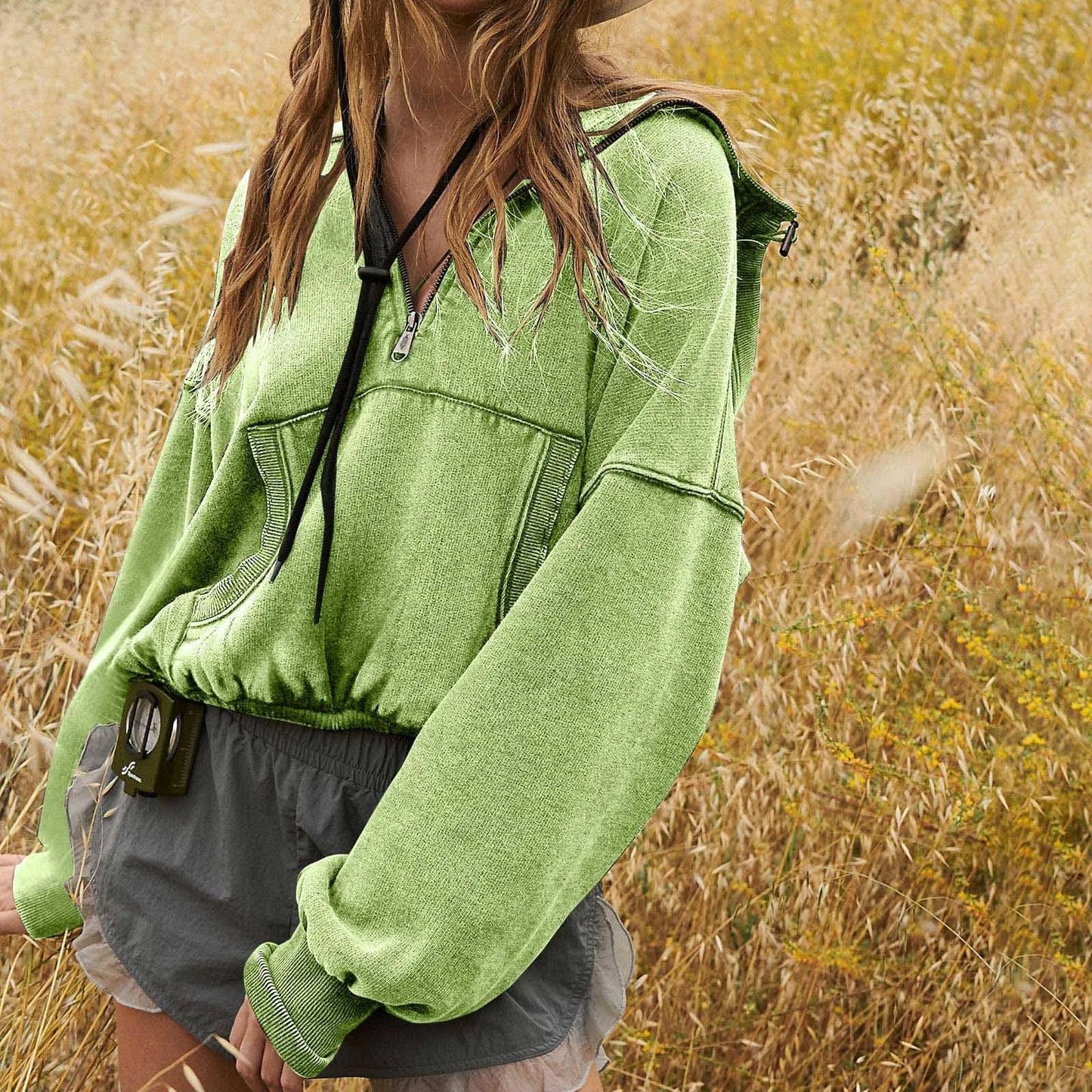 Crop Sweatshirt V Neck Zip Up