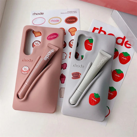 Rhode Phone Case with Lipstick for Samsung Galaxy S25 Ultra S24 S23 Plus Lip Gloss Holder Stickers Matte Liquid Silicone Cover
